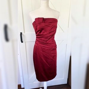 Burgundy Red ruffle top strapless sheath dress